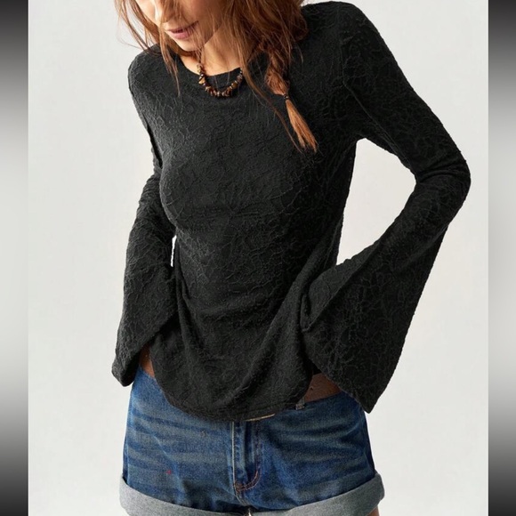 Boho brown lace patchwork bell sleeve top - Picture 10 of 16